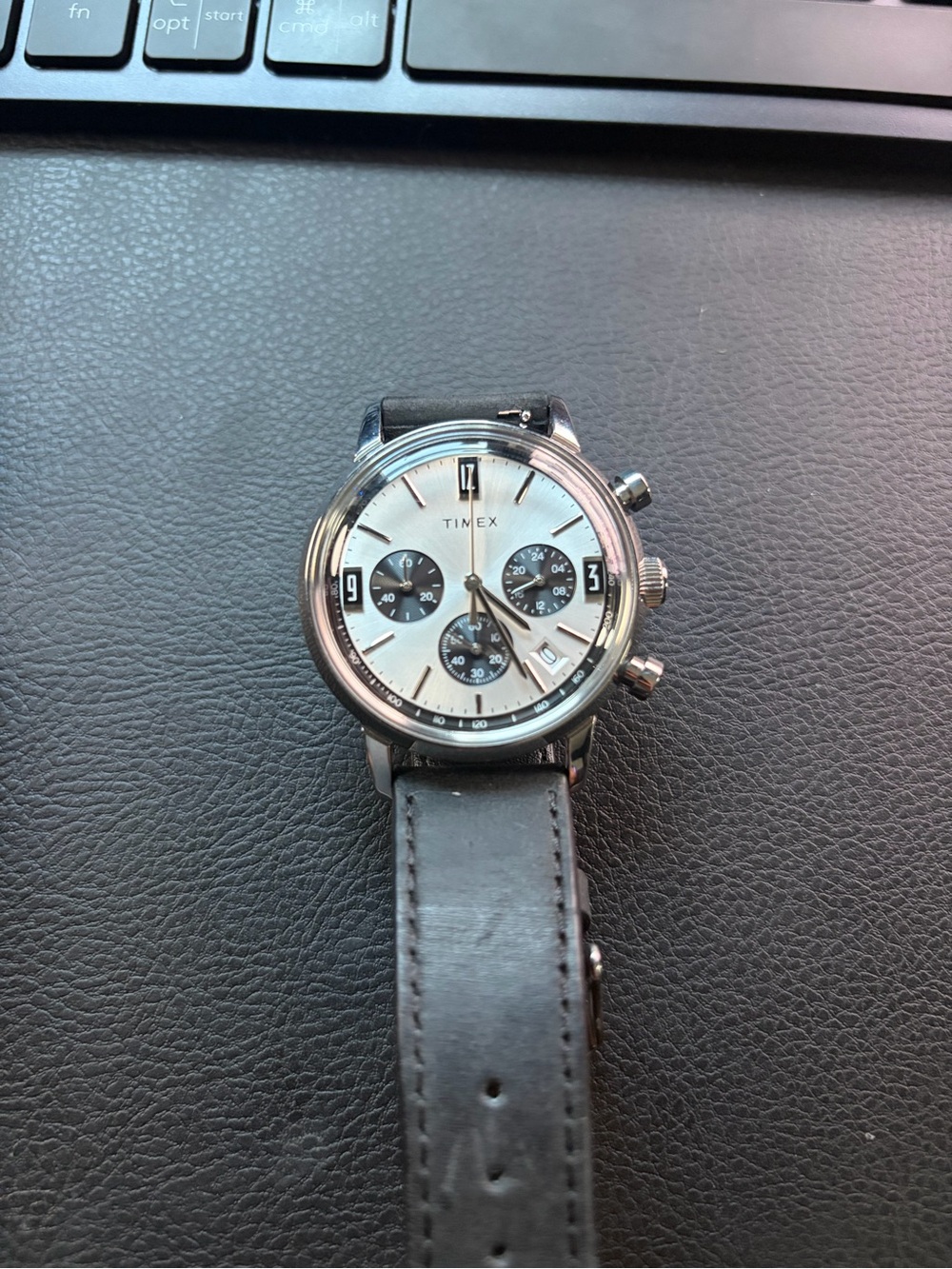 Timex Silver Case Watch with White Dial and Black Strap